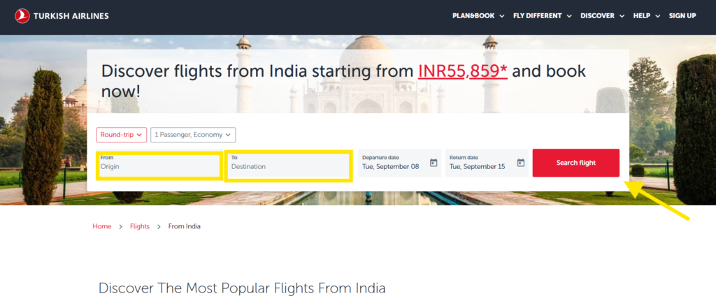 Turkish Airlines Booking Page